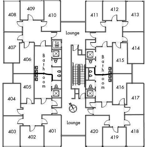 This is the floor plan of the 4th floor of Cutler house. Each of the groups of suites in the 4 sections of the image has a separate bathroom. per section