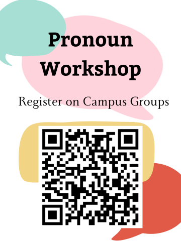 text says Pronoun Workshop: register on campus groups with a QR code underneath