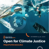 Underwater shot with floating trash and "Open for Climate Justice" caption
