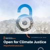 City skyline with unlocked lock over and "Open for Climate Justice"
