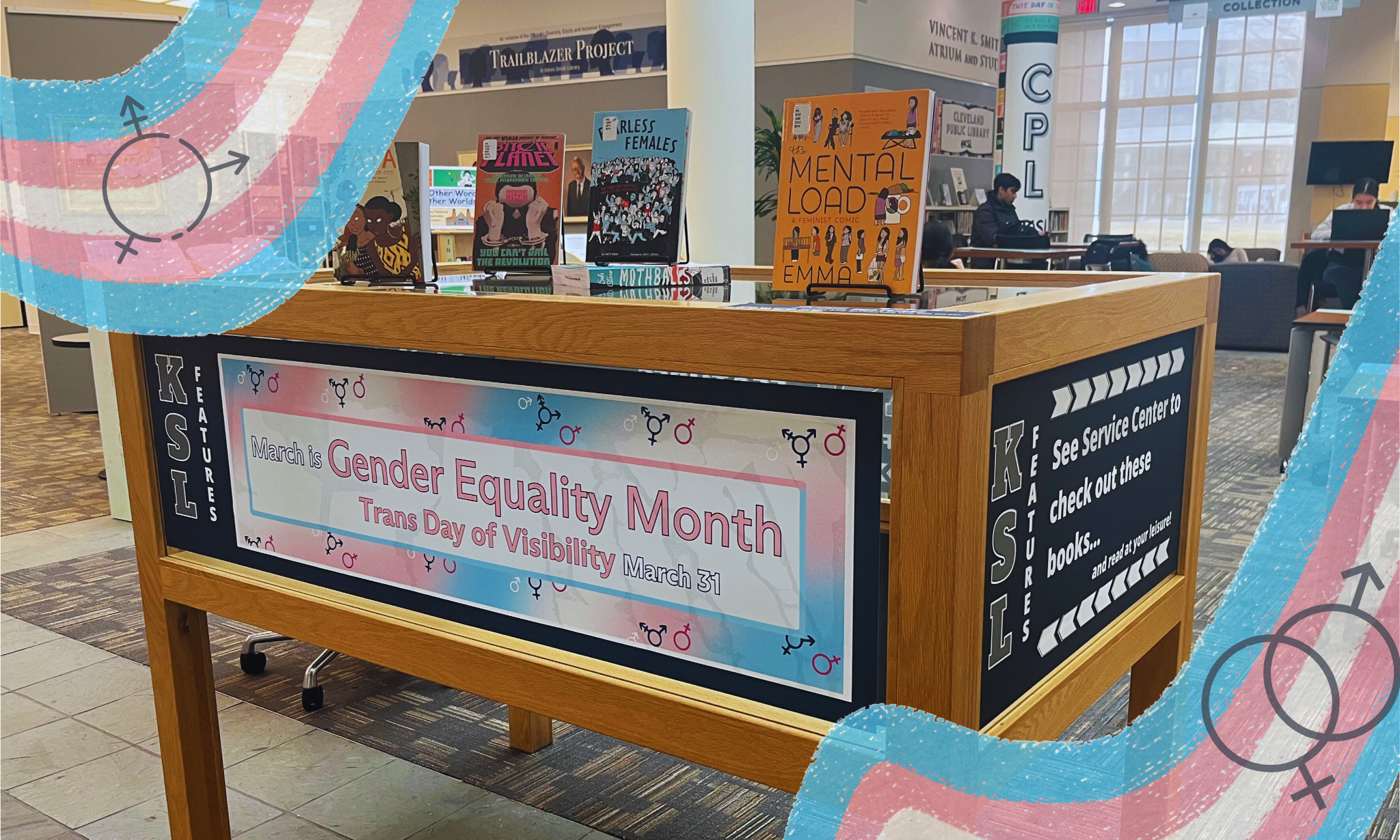 Book display case at Kelvin Smith Library.