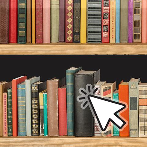 shelf of books with graphic cursor overlayed