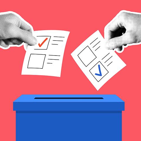 stock graphic image of hands putting ballots in ballot box