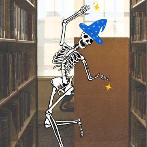 halloween skeleton in book stacks
