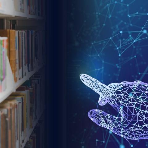 Digital hand approaching books on a shelf