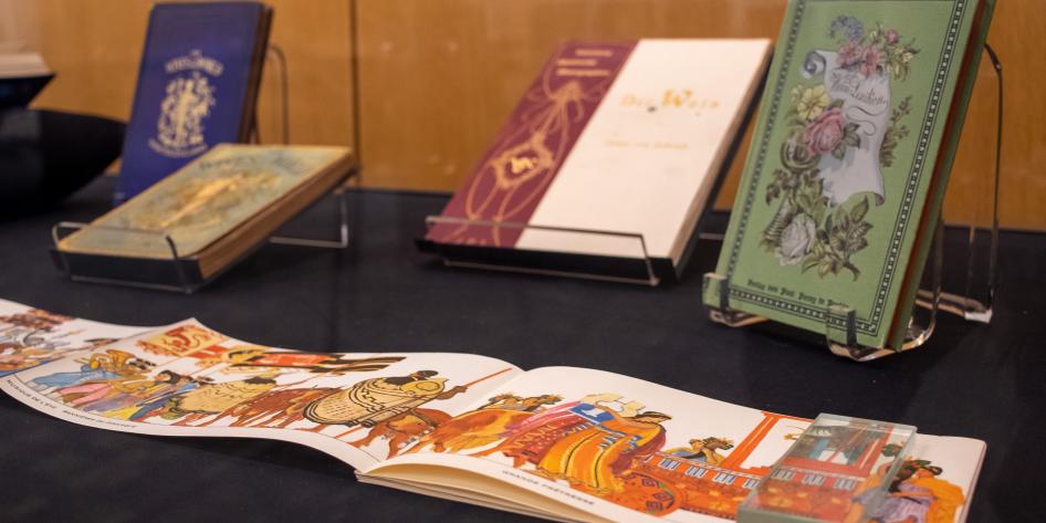 Display of books on wine from collector Frank Hadley Ginn