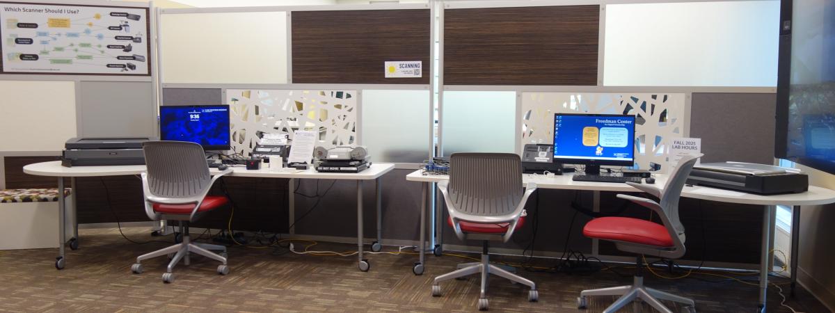medium-range shot of the scanning stations with scanners set up in the FC lab