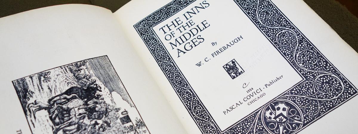 Book titled "Inns of the Middle Ages" open to the title page.
