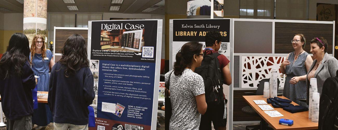 students interacting with library staff at info fair