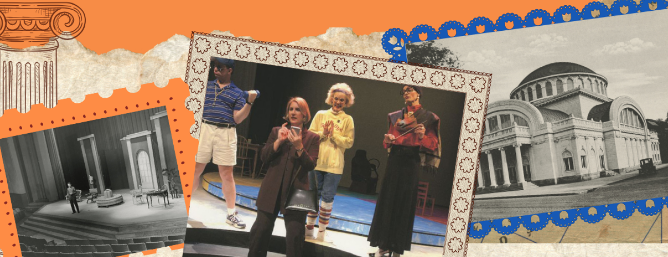 Black and white musical set, modern-day musical rehearsal, and black and white  77th Street Theater images.