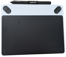 White computer tablet with 4 buttons and a space to draw on. Pen at the top of the tablet.