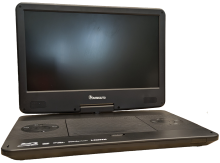 Black device that opens and displays like a laptop. Buttons and a DVD drive are at the bottom of device. Top of device is a screen.