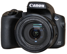 Digital single-lens reflex (DSLR) camera with a Canon brand on front.