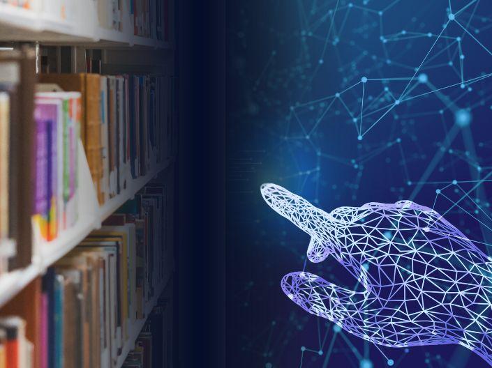 Digital hand approaching books on a shelf