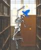 halloween skeleton in book stacks