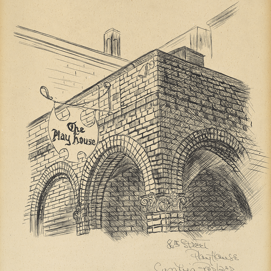 Sketch of a Cleveland Play House brick building with "Cleveland Play House" sign.