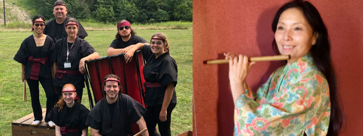 drum group yume on the left holding drumsticks and miki saito on the right holding a flute