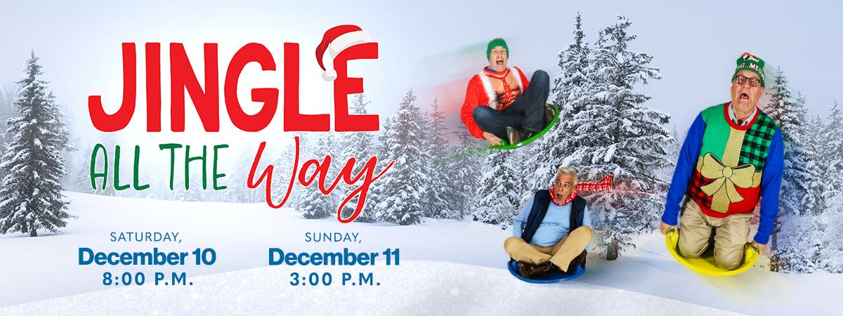 Jingle all the way - NCMC - winter scene with terrified men sledding down the hill
