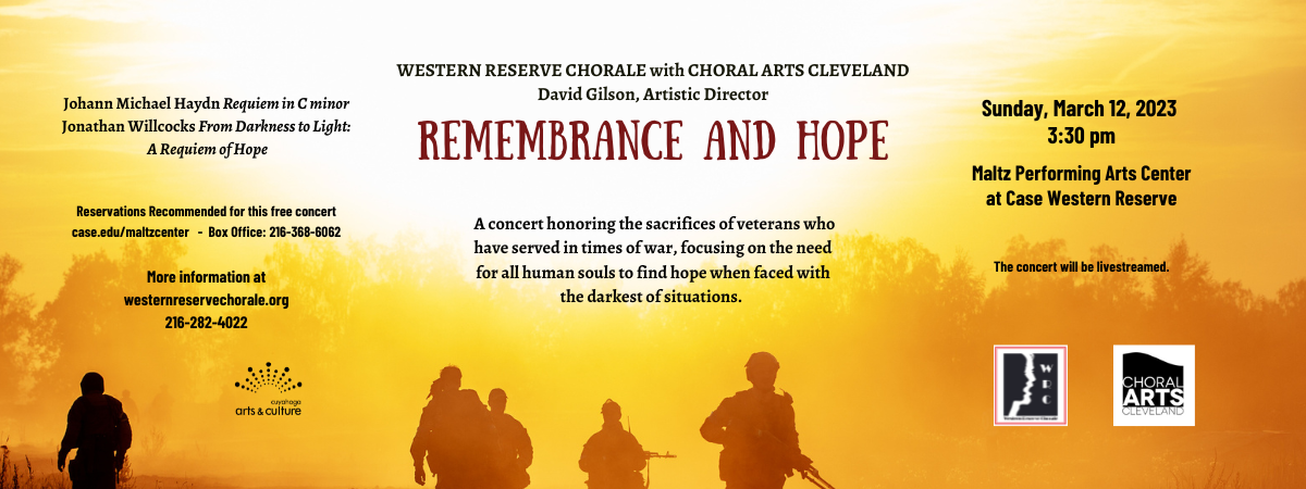 silhouettes of soldiers against an orange sky with information about Western Reserve Chorale's REMEMBERANCE AND HOPE concert at Maltz Performing Arts Center