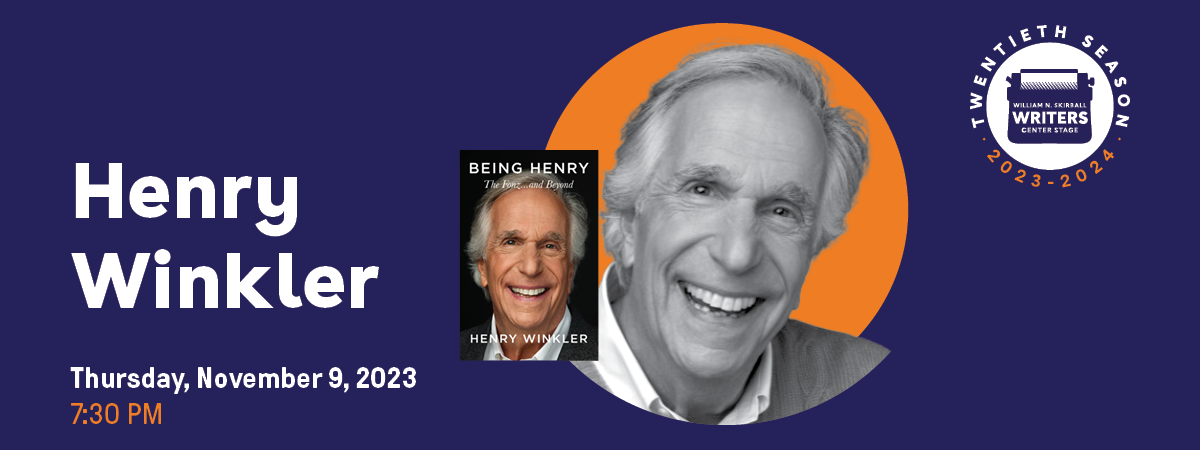 Writers Center Stage Henry Winkler banner image, with book