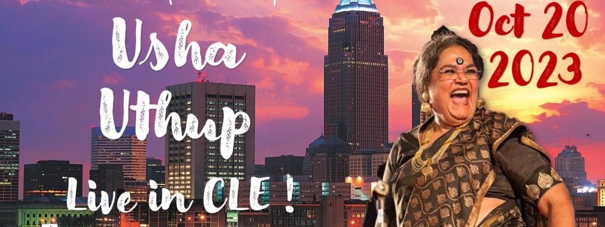 Usha Uthup : Live in CLE ! graphic - Usha with cityscape in background - October 20, 2023