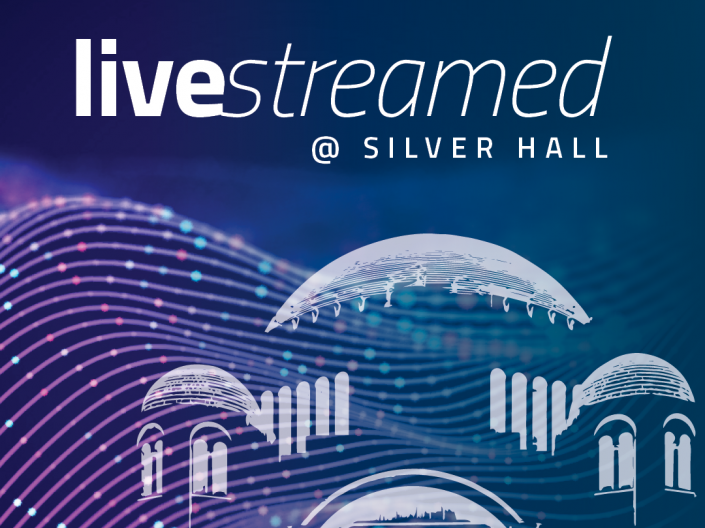 blue and purple swirl background with an all white Maltz Center in foreground. "Livestreamed at Silver Hall" written at the top of the image