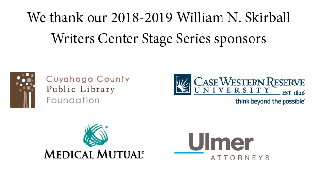 Sponsor logos for Writers Center Stage 2018: Cuyahoga County Public Lubrary, CWRU, Medical Mutual, Ulmer Attorneys