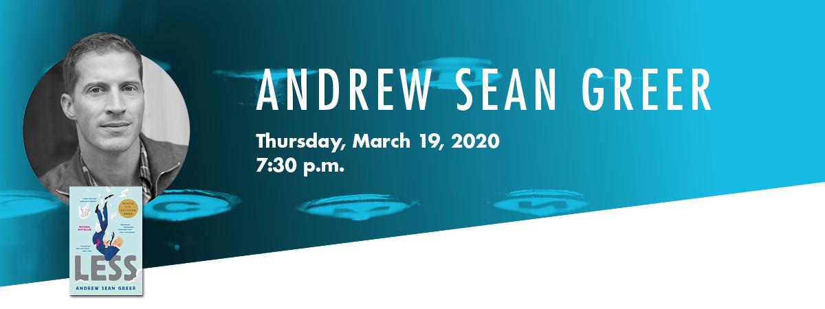 Banner image with andrew sean greer headshot and his book less