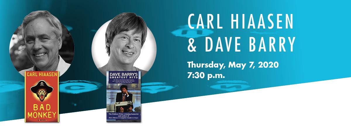 Banner image with carl hiaasen headshot and his book bad monkey and dave barry and his book dave barry's greatest hits