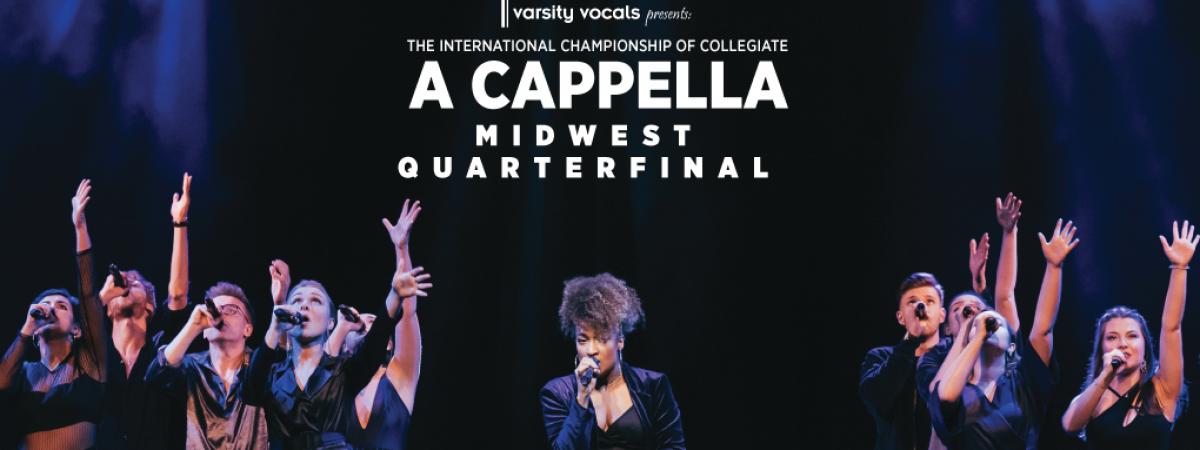 Singers pointing to the sky and one singer in the middle looking at the camera with the ICCA logo on top
