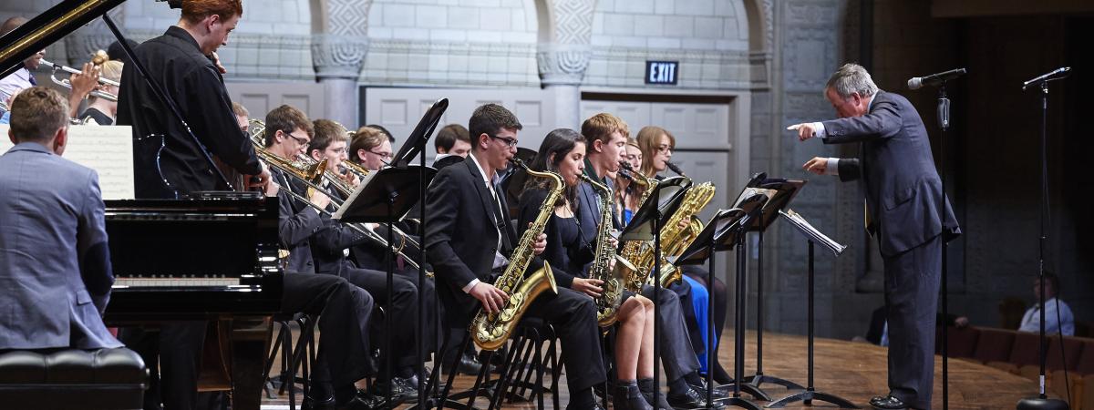 a full jazz orchestra performs on the maltz center stage