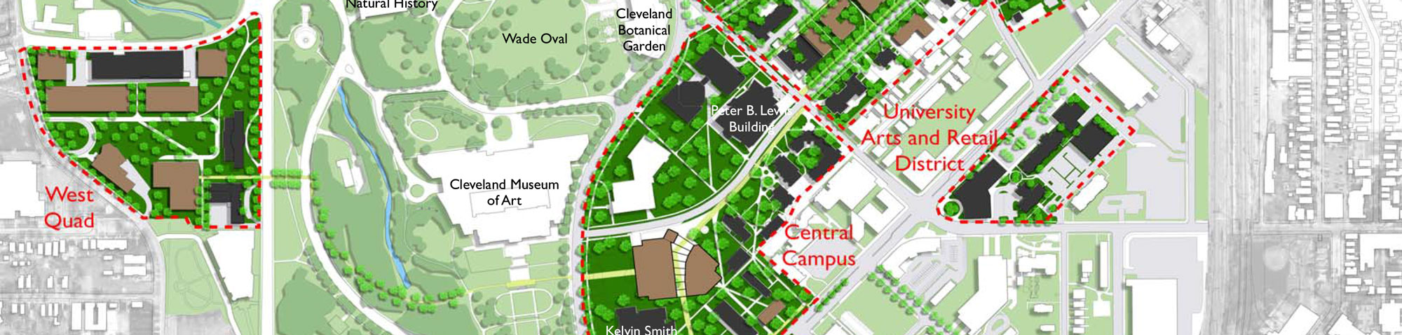 photo of past master plan blueprint showing university circles west quad and retail district in planning