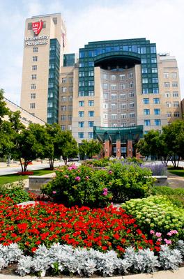A view of University Hospitals in the spring.