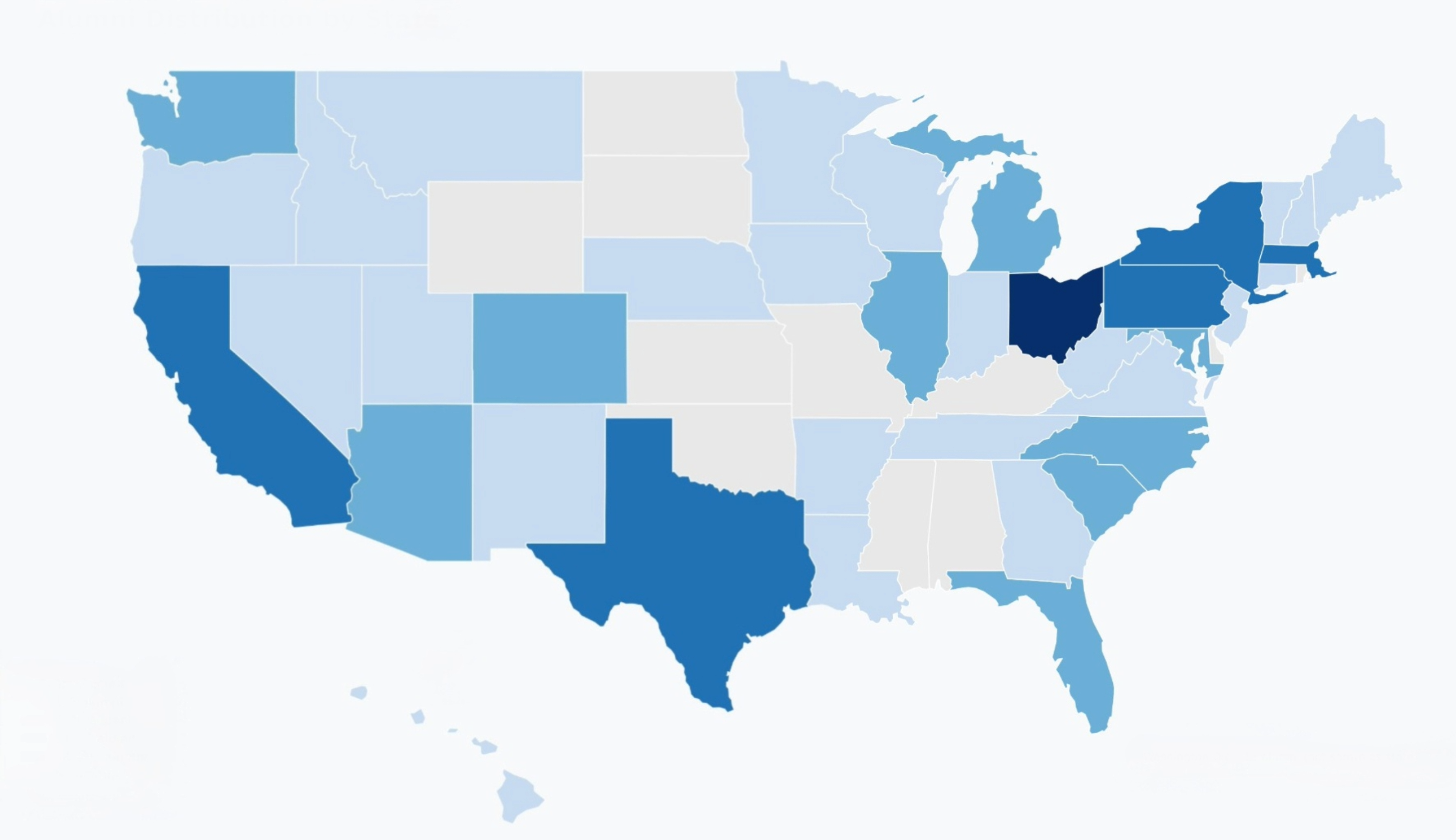 Map of the United States showing where alumni of the MA program now reside