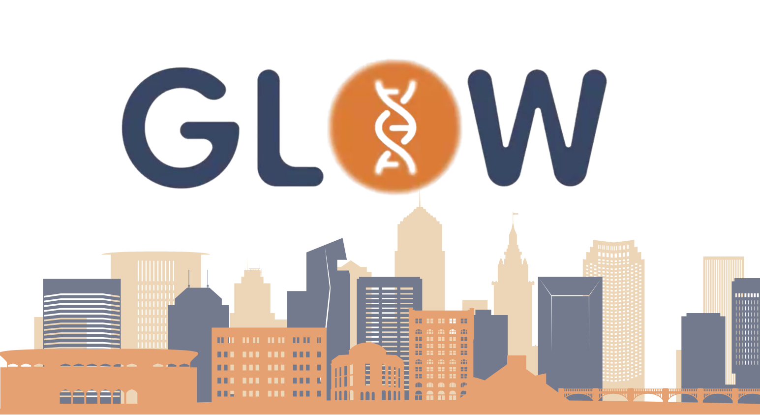 Skyline, the word GLOW with DNA in the middle