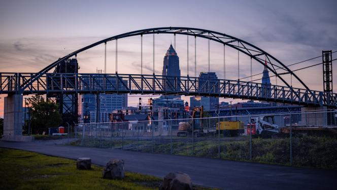 A bridge and the Cleveland skyline