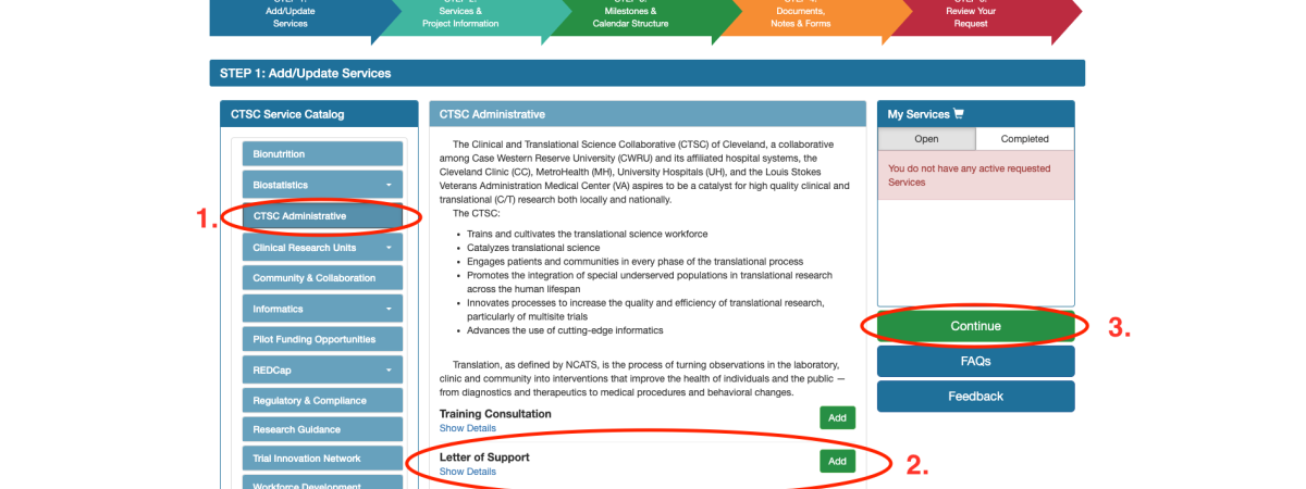 Instructions on how to request a letter of support on SPARCRequest