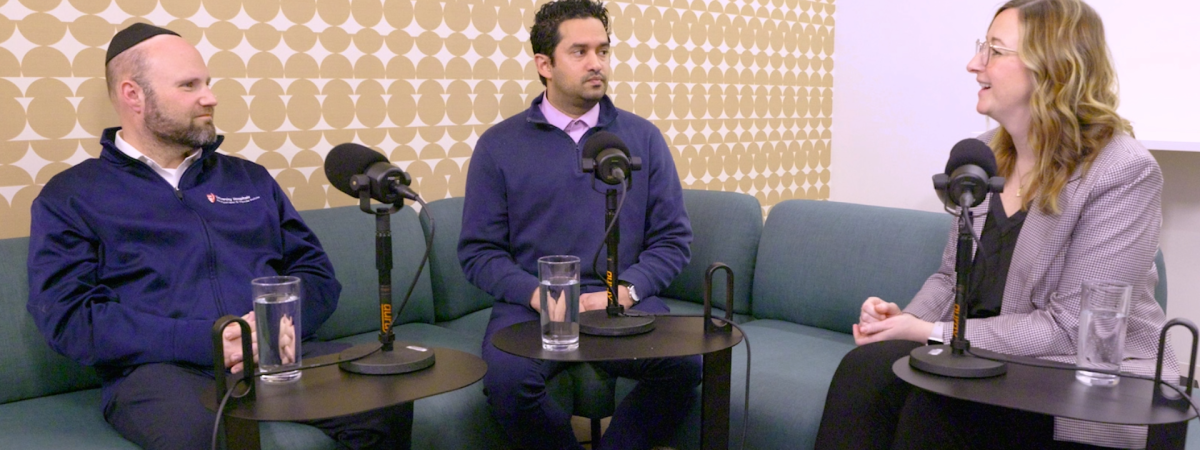 Three people talking for a podcast