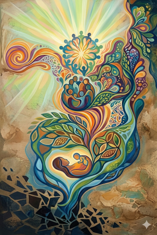 Mother and child drifting toward a sun