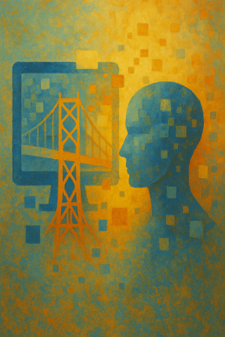 A outline of a person looking at a bridge and a computer