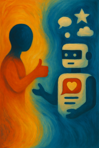 person giving a robot a thumbs up but the robot looks confused