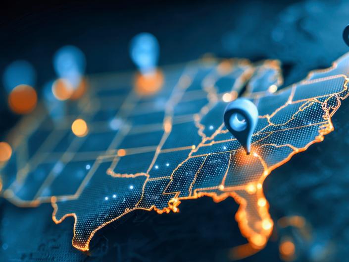 Map of the US with locations marked on it