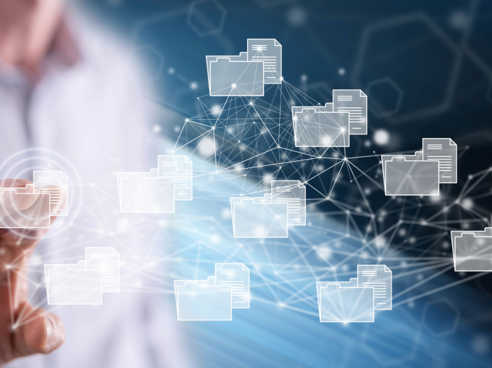 A Person touching Data folders in the air 