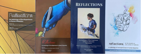 Image of four side-by-side book covers of "Reflections: An anthology of First Experiences in Human Dissection" 