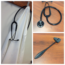 A collage of three images showing stethoscopes and reflex hammer.