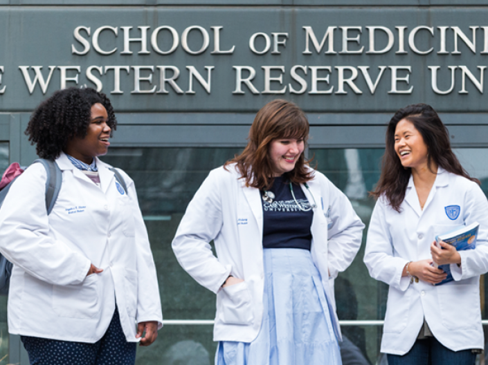 Case Western Reserve University medical students outside of the Biomedical Research Building