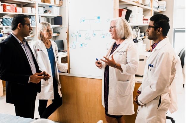 A picture of the researchers talking in a lab