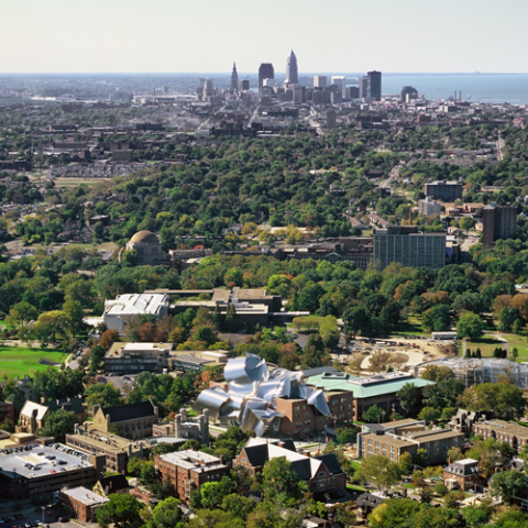 Image of arial view case western reserve university campus looking toward downtown cleveland and lake erie