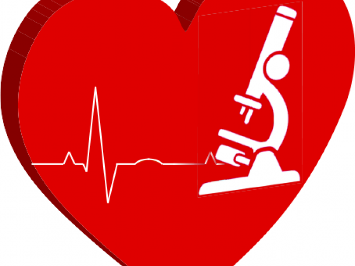 A red heart graphic with an EKG line on the left side and white microscope on the right