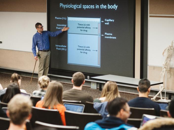 a class in session, professor pointing at a screen